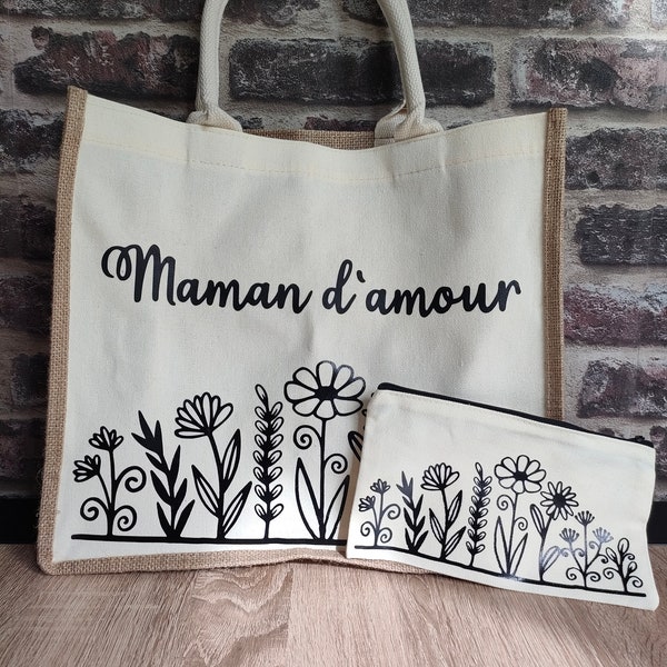 Sac Cabas en toile de jute personnalisé / pochette coton / vacance / maman / fête des mères / sac en jute / cadeau / courses / plage