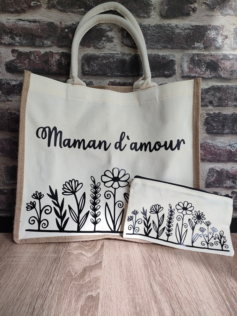 Sac Cabas en toile de jute personnalisé / pochette coton / vacance / maman / fête des mères / sac en jute / cadeau / courses / plage image 1