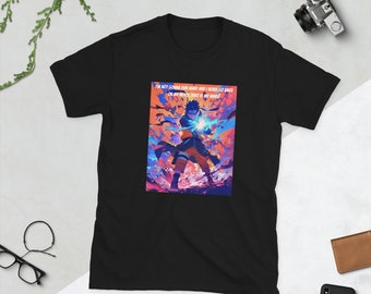 Puede incluir: Camiseta negra con un gráfico de un personaje de anime con cabello naranja y una explosión de energía azul. El texto "I'M NOT GONNA RUN ANGRY AND I NEVER GO BACK ON MY WORDS, THAT IS MY NINDO" está impreso en la camiseta.