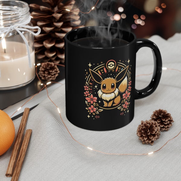 Japanese Eevee 11oz Black Mug, japanese pokemon art mug, perfect gift for him or her, one of a kind japanese design for pokemon fans, Eevee