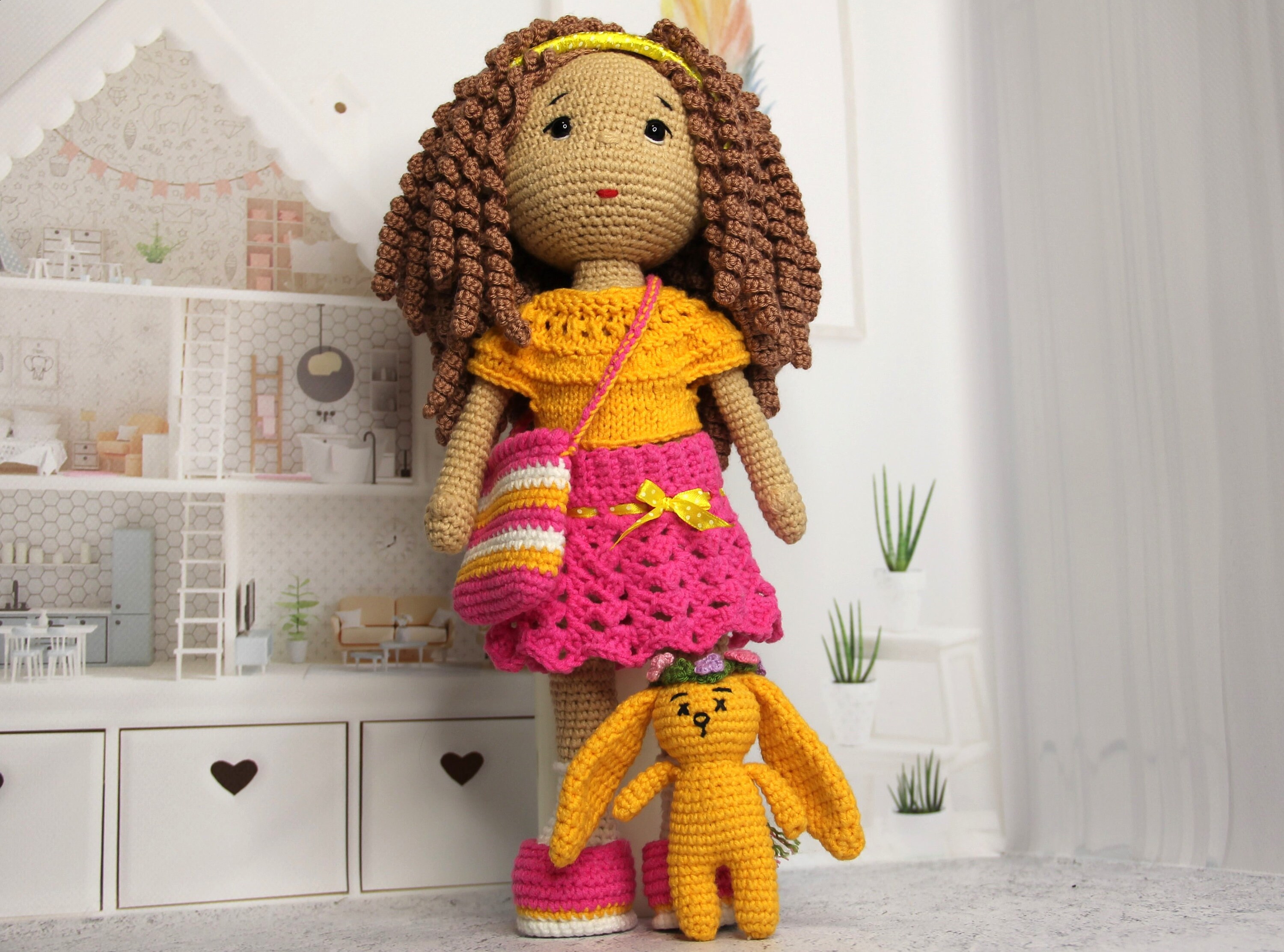 Set Handmade Knitted Doll and Clothes and Accessories. Crochet Doll
