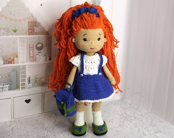 Knitted doll with red hair and backpack, crochet doll, bright doll for a girl, gift for a daughter or granddaughter, best birthday present.