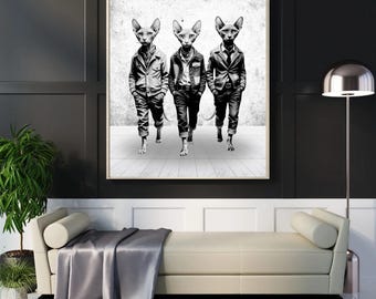 Genial lámina decorativa de gato Sphynx para pared – Descarga digital / Decoración de pared monocromática, Arte de moda animal, Colección de gatos Sphynx, Regalo para amantes de los gatos