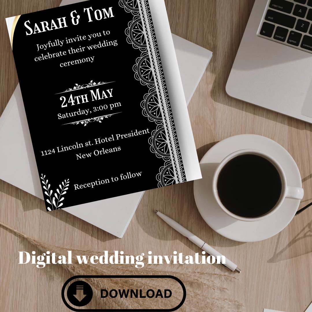 Elegant, Black and White Digital Wedding Invitation - Etsy
