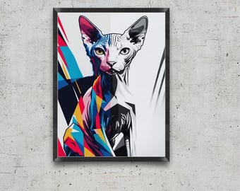 Abstrakte Sphynx Katzen Wandkunst - Retro Katzen Poster, Bunte Sphynx Katze, Katzendekor, Sphynx Katzenliebhaber, Katzenliebhaber Geschenk, Abstrakte Wandkunst
