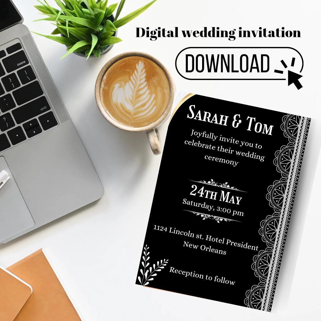 Elegant, Black and White Digital Wedding Invitation - Etsy