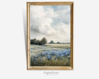 Vintage Meadow Landscape Painting | Neutral Farmhouse Print (Digital Download)