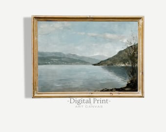 Stampa a olio di un lago d'epoca, decorazione murale rustica in stile fattoria (download digitale)