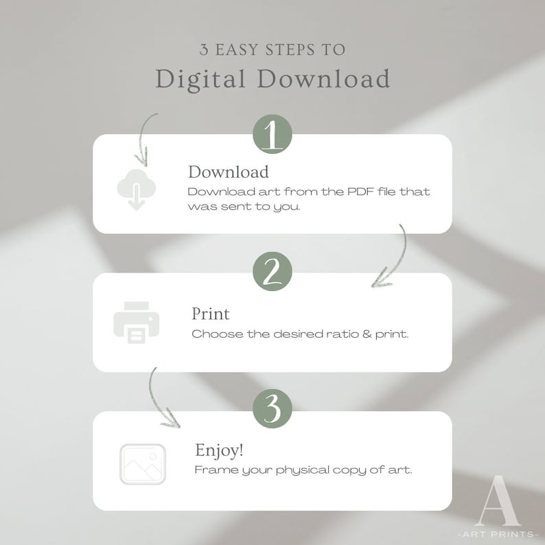 May include: Three easy steps to download and print digital art: download the PDF file, print at the desired ratio, and enjoy your physical copy of art. The steps are illustrated with icons of a cloud, a printer, and a picture frame.
