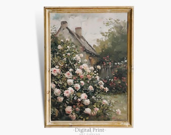 Vintage Rose Garden Painting, Neutral Farmhouse Print (Digital Download)