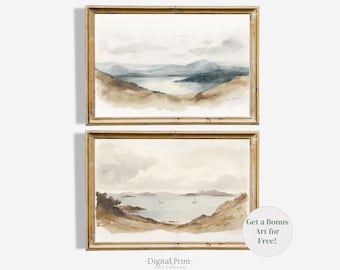 Neutral Landscape Print Set, Vintage Farmhouse Wall Art (Digital Download)