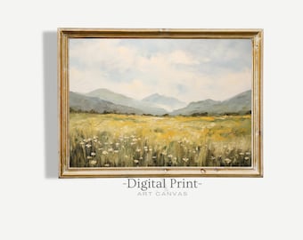 Pintura a óleo vintage de um prado primaveril, arte rústica de fazenda (download digital)