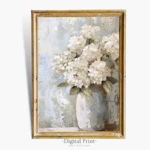 印刷可能な白いアジサイのヴィンテージ絵画 I ボタニカルウォールアート I ヴィンテージフラワープリント I ニュートラルウォールプリントデコレーション I デジタルダウンロードアート