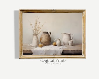 Printable Vintage Still Life Painting I Farmhouse Decor Digital Neutral Vintage Wall Art I Kitchen Wall Decor I Digital Download Painting