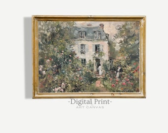 Vintage Rose Garden Cottage Painting, Printable Wall Art (Digital Download)
