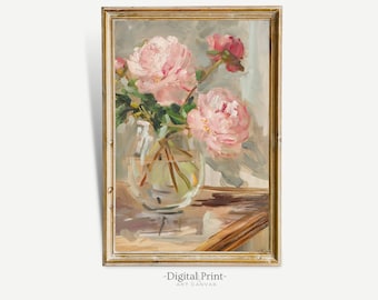 May include: A painting of a bouquet of pink peonies in a clear glass vase. The flowers are arranged in a loose, natural style, and the vase is sitting on a wooden table. The background is a soft, muted color.