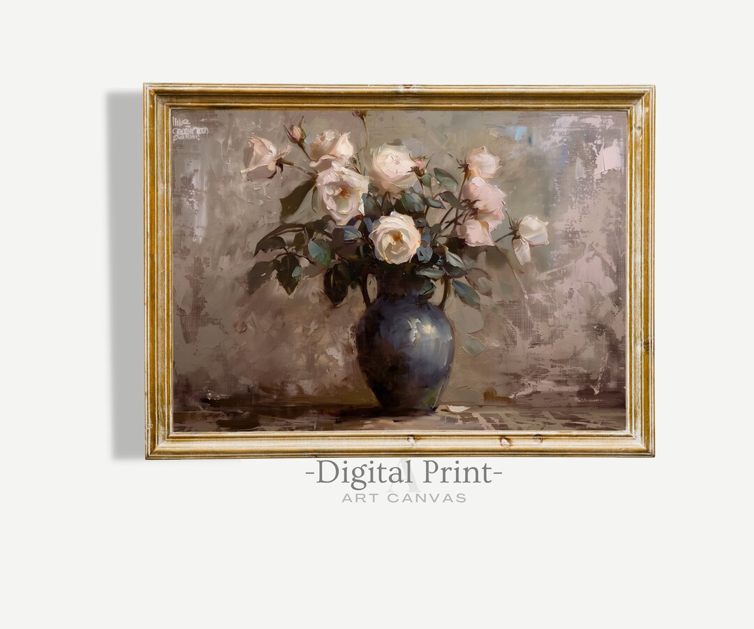 Vintage Rose Oil Painting Print, Moody Floral Still Life (digital ...