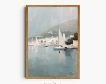 Vintage Harbor Painting Print | Neutral Boats Art (Digital Download)