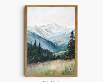 Vintage Mountain Oil Painting, Rustic Farmhouse Wall Art (Digital Download)