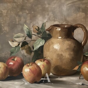May include: Still life painting of a brown ceramic pitcher and red and yellow apples on a white tablecloth. The background is a textured brown wall with a green leafy branch.