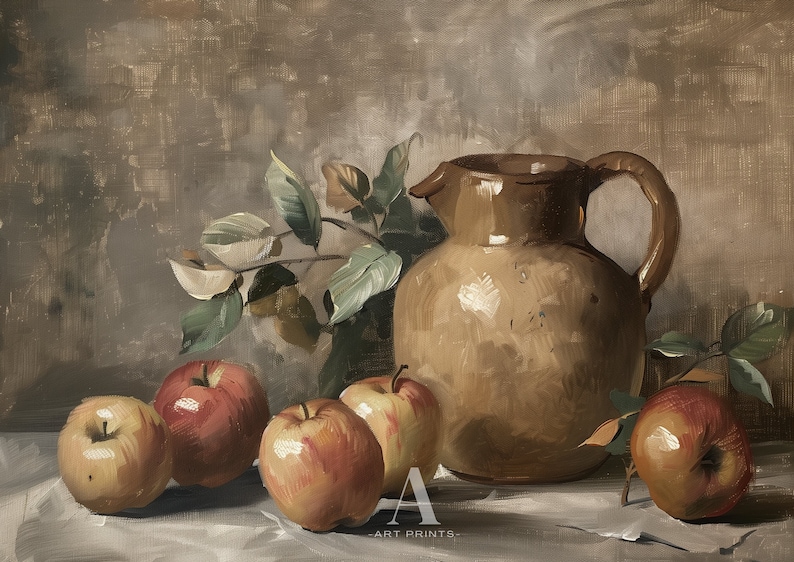 May include: Still life painting of a brown ceramic pitcher and red and yellow apples on a white tablecloth. The background is a textured brown wall with a green leafy branch.