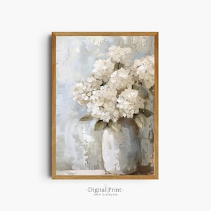 Cuadro vintage de hortensias blancas / Lámina botánica, decoración neutra (descarga digital)