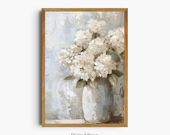 Vintage White Hydrangeas Painting | Botanical Print, Neutral Decor (Digital Download)
