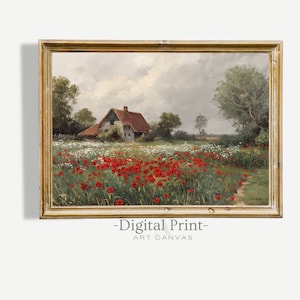 Printable Summer Cottage Painting I Farmhouse with Poppies Painting I Vintage French Countryside I Digital Download Print