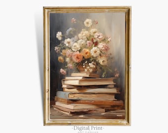 Printable Vintage Still Life Oil Painting I Flowers and Books I Botanical Wall Art I Vintage Art Print I Digital Download Painting