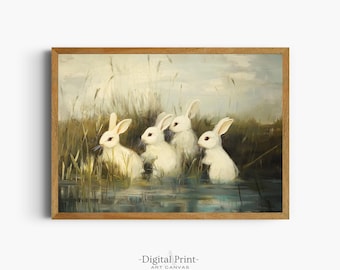 Vintage Bunnies Oil Painting Print, Rustic Easter Decor (Digital Download)