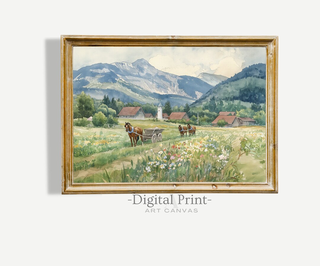 Vintage Summer Landscape Watercolor Painting | Country Farm Print ...
