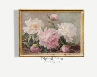 Pintura vintage de peônias, arte botânica para parede (download digital)