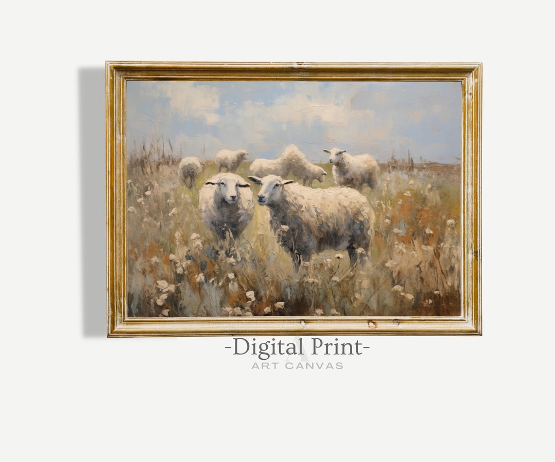 Sheep Landscape Oil Painting | Vintage Farmhouse Print (digital ...
