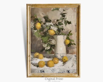 Printable Vintage Kitchen Still Life Art I Antique Oil Wall Print I Printable Artwork | Kitchen Art | Lemons I Digital Download Print