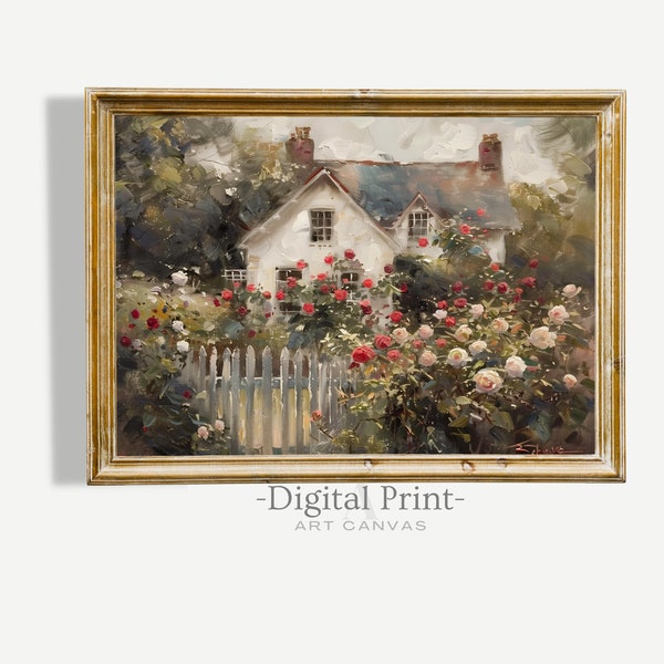 Printable Rose Garden Painting I Vintage Wall Art Print I English Cottage with Roses Painting I Neutral Wall Art I Digital Download Print