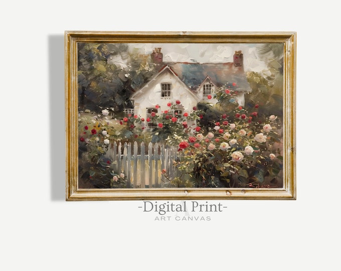 Printable Cottage Rose Garden, Vintage Oil Painting, Cottagecore Wall ...