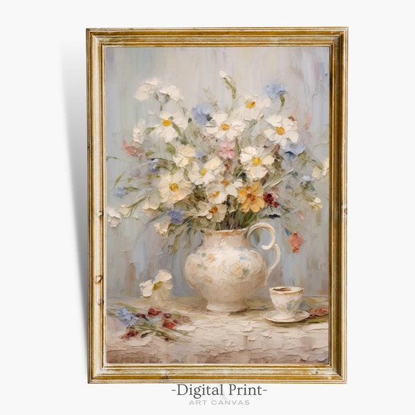 Printable Wildflowers in Vase I Vintage Painting I Spring Moody Decor I Farmhouse Print I Neutral Wall Art I Spring Digital Art Download