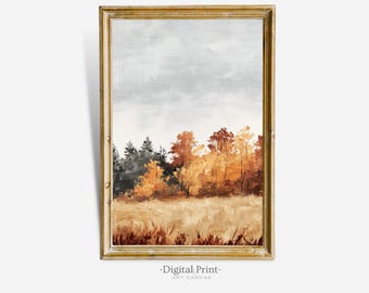 May include: A digital print of a painting depicting a forest scene with a variety of trees in shades of orange, yellow, and brown. The trees are set against a backdrop of a cloudy sky. The painting is framed in a gold frame.