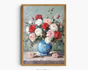 Impression de peinture à l'huile de roses vintage, nature morte florale (téléchargement numérique)