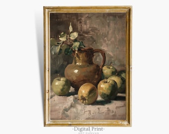 May include: A still life painting of a brown earthenware pitcher with a handle, filled with green apples and a sprig of green leaves. The painting is framed in a gold frame.