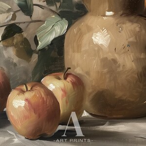 May include: Still life painting of red and yellow apples with a brown ceramic pitcher in the background. The apples are arranged on a white cloth surface.
