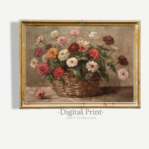 May include: A painting of a basket filled with pink, white, and orange flowers. The basket is woven and has a brown color. The flowers are arranged in a bouquet and are surrounded by green leaves. The background is a light brown color.
