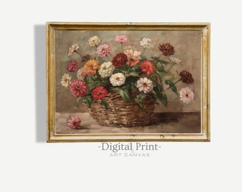 Printable Basket of Zinnias Painting I Flowers Painting I Vintage Wall Art Print I Botanical Wall Art I Digital Download Art