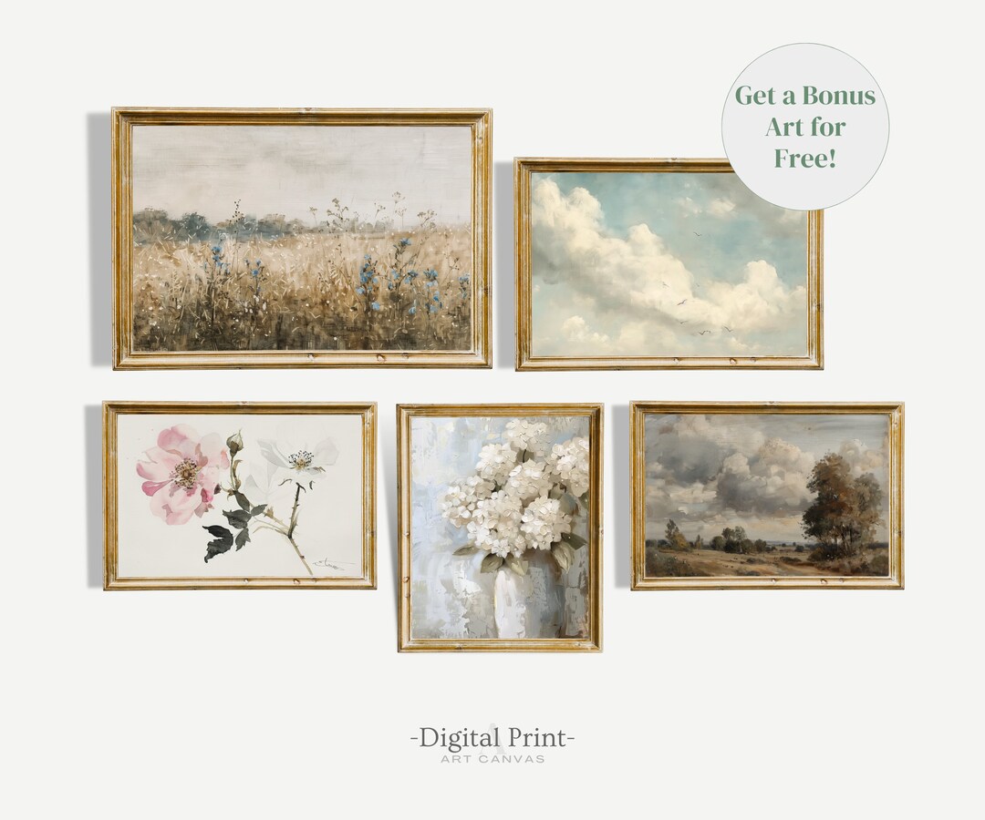 Vintage Gallery Wall Art Set of Five, Neutral Farmhouse Prints (digital ...