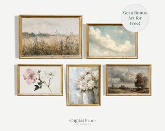 Vintage Gallery Wall Art Set of Five, Neutral Farmhouse Prints (Digital Download)