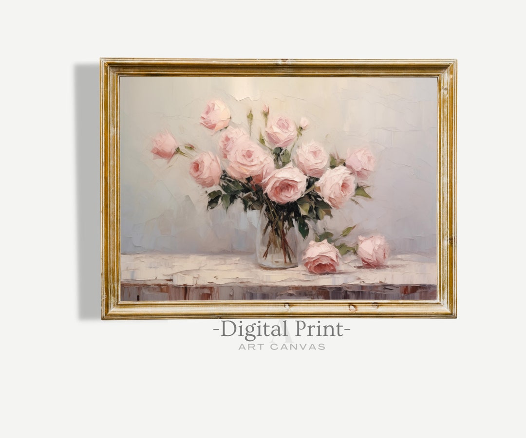 Vintage Pink Roses Oil Painting: Moody Floral Still Life (digital ...