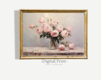 May include: A framed digital art print featuring a still life of pink roses in a clear glass vase. The painting has a vintage aesthetic with a gold-colored frame. The text "Digital Print - Art Canvas" is at the bottom.