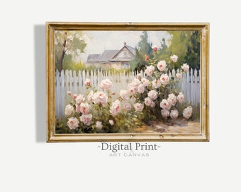 Pintura al óleo vintage de jardín de rosas / Impresión de estilo rústico campestre (Descarga digital)
