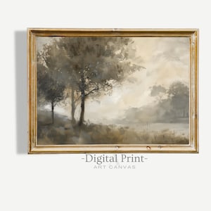 Printable Moody Landscape Muted Painting I Rustic Scenery I River in the Woods Nature Print I Vintage Digital Download Art Print