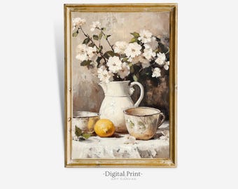 Printable Vintage White Flowers Painting I Neutral Kitchen Wall Print I Still Life Painting I Digital Download Art